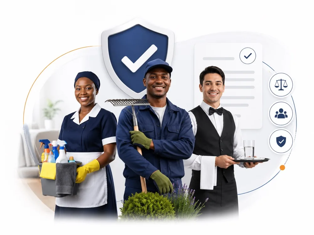 A domestic worker, a gardener and a waiter standing together beneath a compliance shield and legal icons — representing the household and casual staff that must be registered for COIDA and UIF